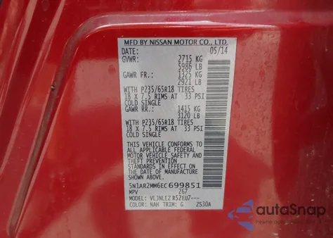 2014 Nissan Pathfinder Sv z USA, uszkodzony, nr VIN 5N1AR2MM6EC699851